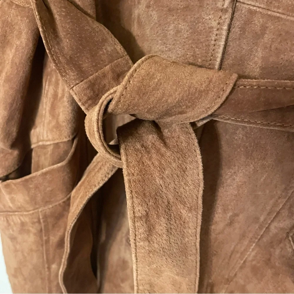 Dennis Basso Brown Trench Coat with Plush Fabric and Belted Waist - Picture 5 of 16